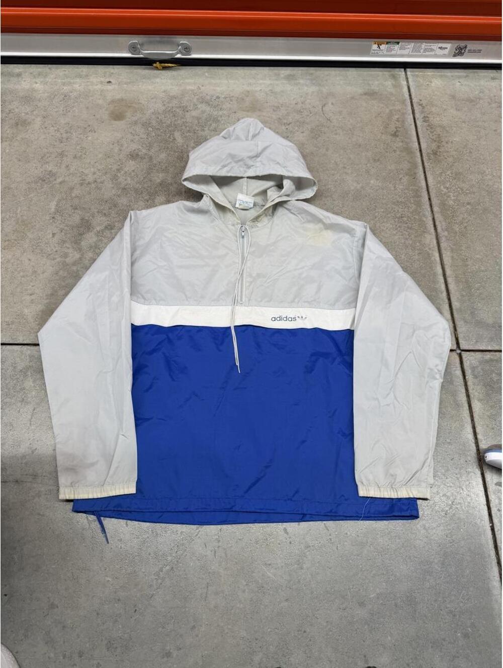 vintage adidas white and blue half zip windbreaker jacket size large HAS STAIN